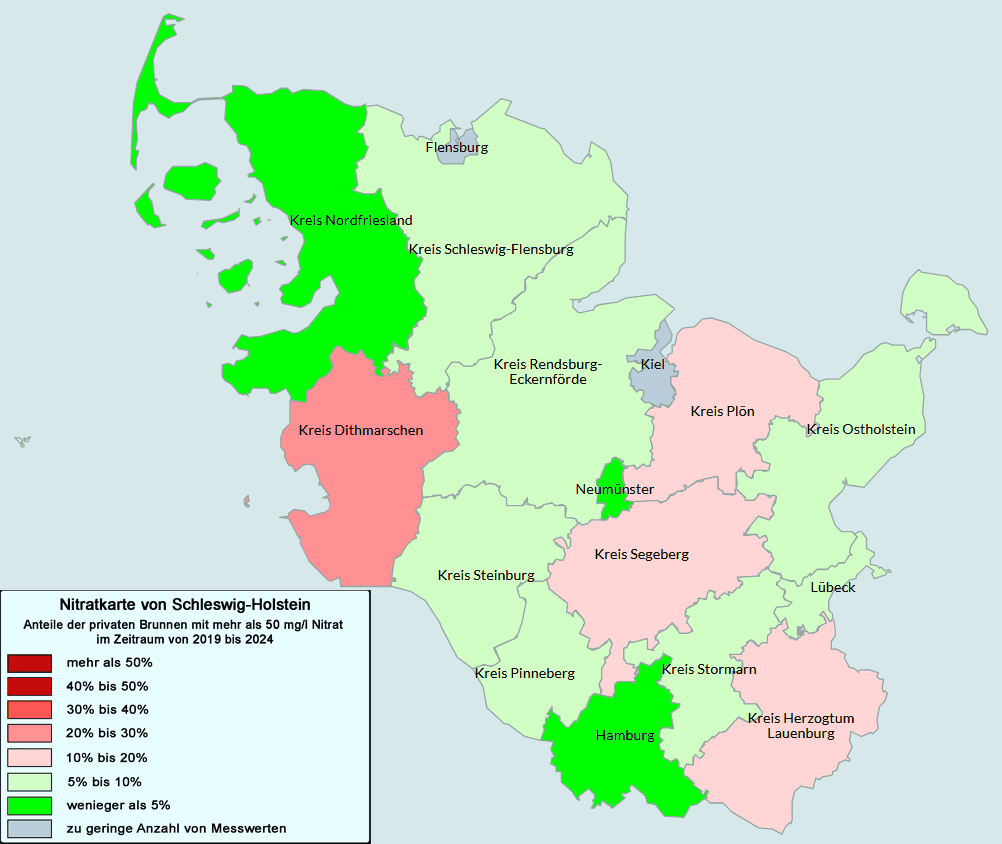 Nitratkarte von Schleswig-holstein und Hamburg mit Legende 2019-2024