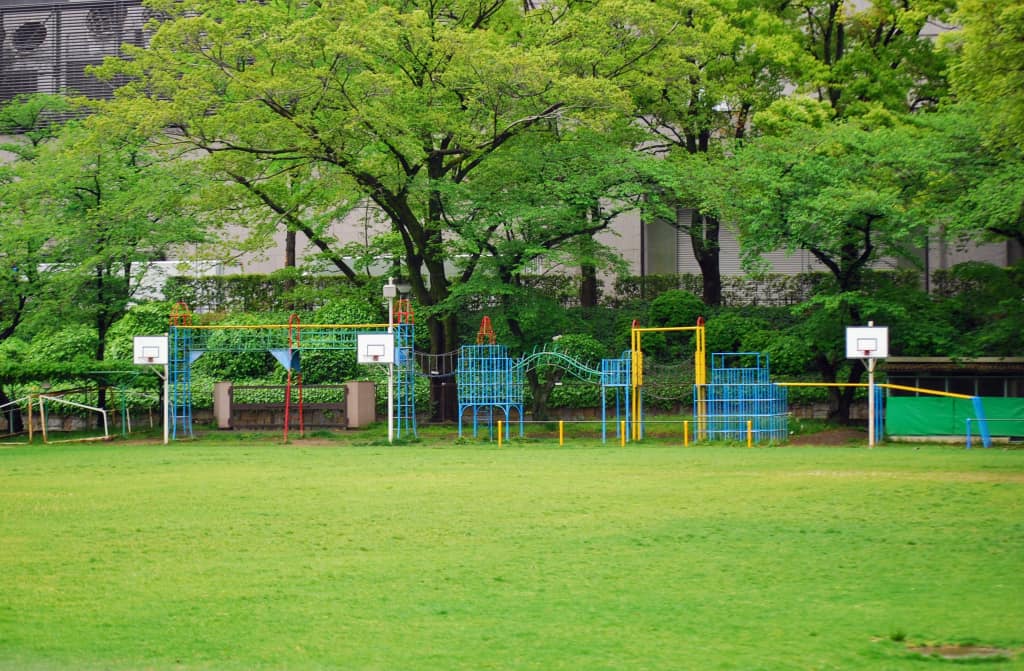 Grüne Wiese mit Spielplatz