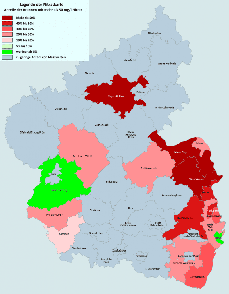 Nitratkarte Rheinland-Pfalz & Saarland aus den Jahren 2018 bis 2023 vom VSR-Gewässerschutz