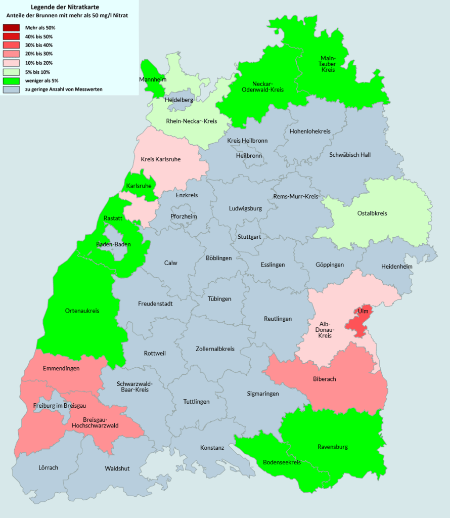 Nitratkarte von Baden-Württemberg aus den Jahren 2018 bis 2023
