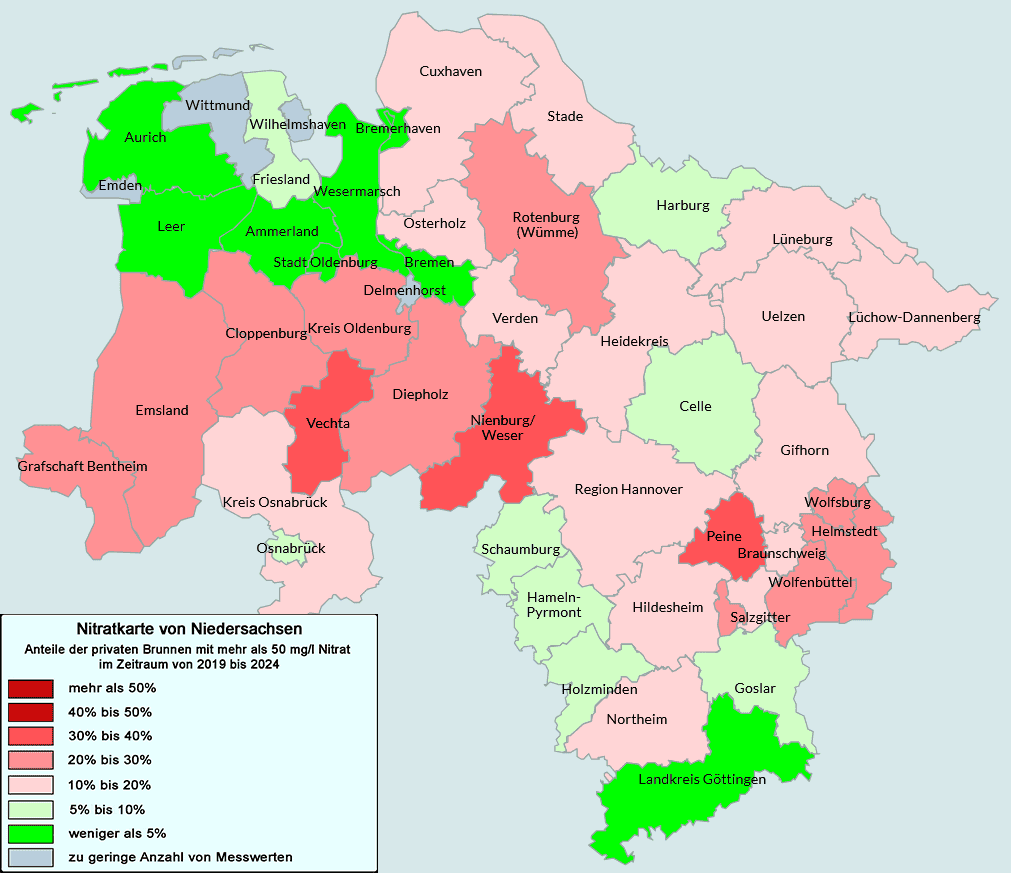 Die Nitratkarte von Niedersachsen. Die Daten wurden im Rahmen der Untersuchungen des VSR-Gewässerschutz in den Jahren 2019 bis 2024 gewonnen.