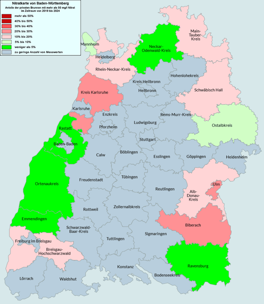 Die Nitratkarte von Baden Württemberg. Die Daten wurden im Rahmen der Untersuchungen des VSR-Gewässerschutz in den Jahren 2019 bis 2024 gewonnen.