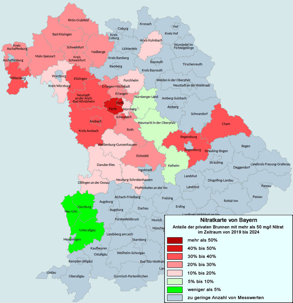 Die Nitratkarte von Bayern. Die Daten wurden im Rahmen der Untersuchungen des VSR-Gewässerschutz in den Jahren 2019 bis 2024 gewonnen.