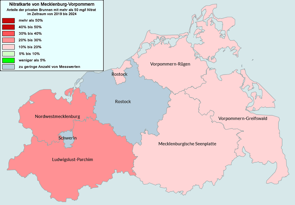 Die Nitratkarte von Mecklenburg Vorpommern. Die Daten wurden im Rahmen der Untersuchungen des VSR-Gewässerschutz in den Jahren 2019 bis 2024 gewonnen.