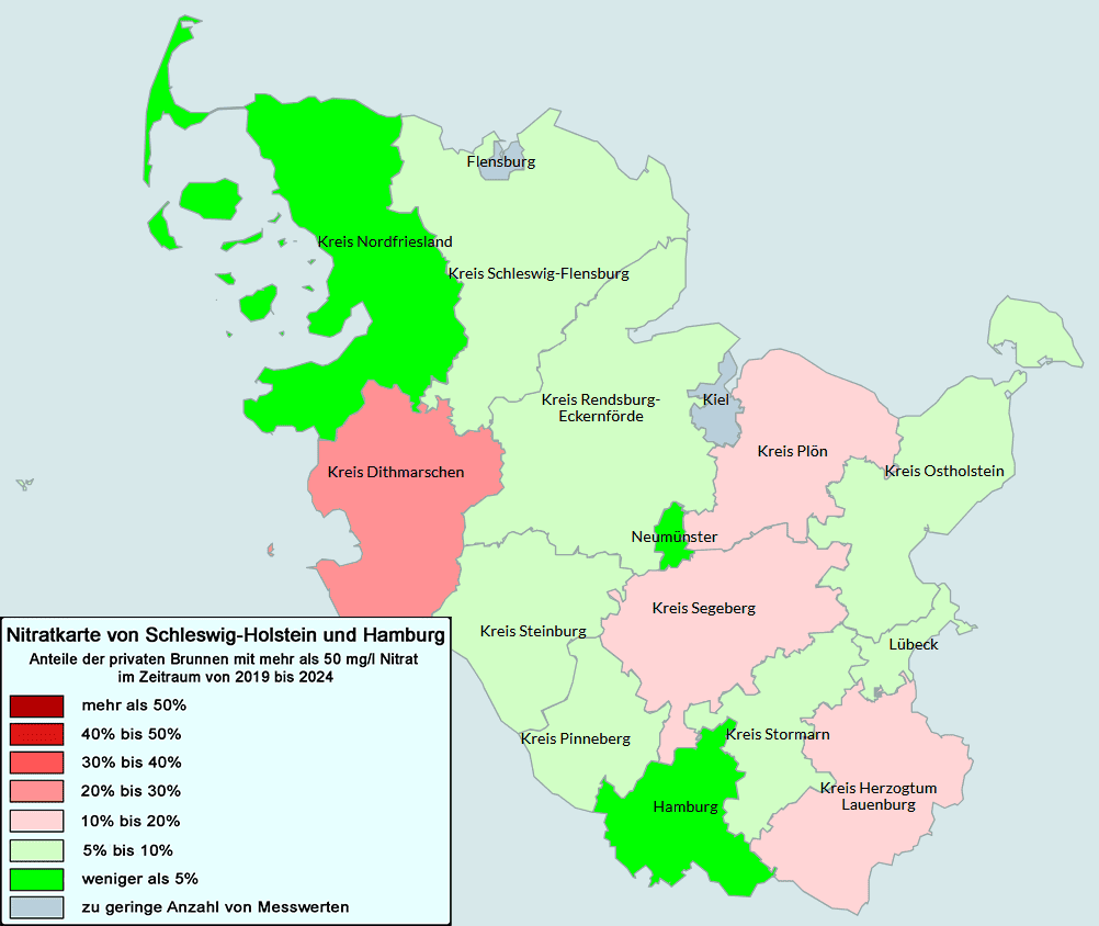 Die Nitratkarte von Schlswig-Holstein und Hamburg. Die Daten wurden im Rahmen der Untersuchungen des VSR-Gewässerschutz in den Jahren 2019 bis 2024 gewonnen.