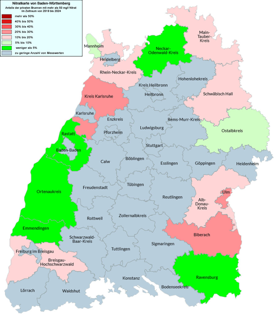 Die Nitratkarte von Deutschland. Die Daten wurden im Rahmen der Untersuchungen des VSR-Gewässerschutz in den Jahren 2019 bis 2024 gewonnen.