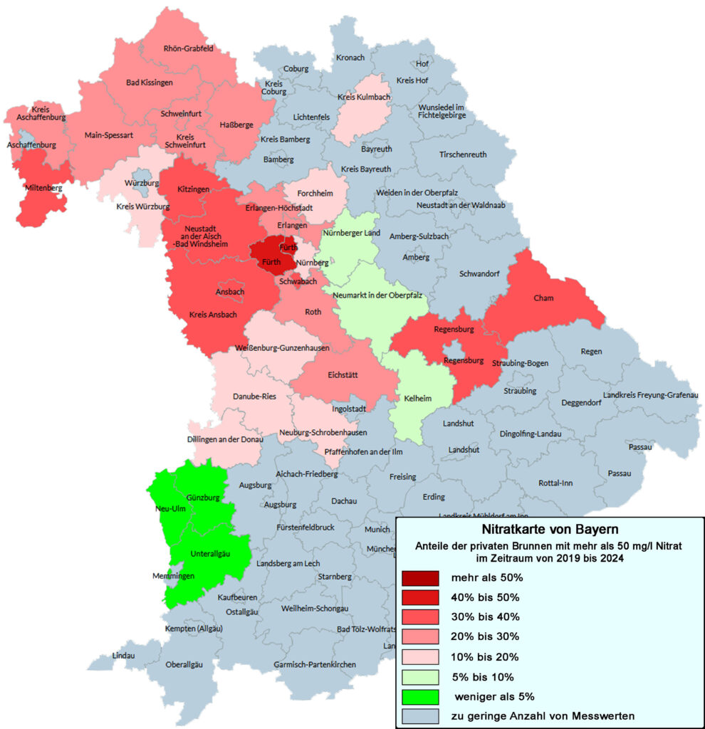 Die Nitratkarte von Deutschland. Die Daten wurden im Rahmen der Untersuchungen des VSR-Gewässerschutz in den Jahren 2019 bis 2024 gewonnen.