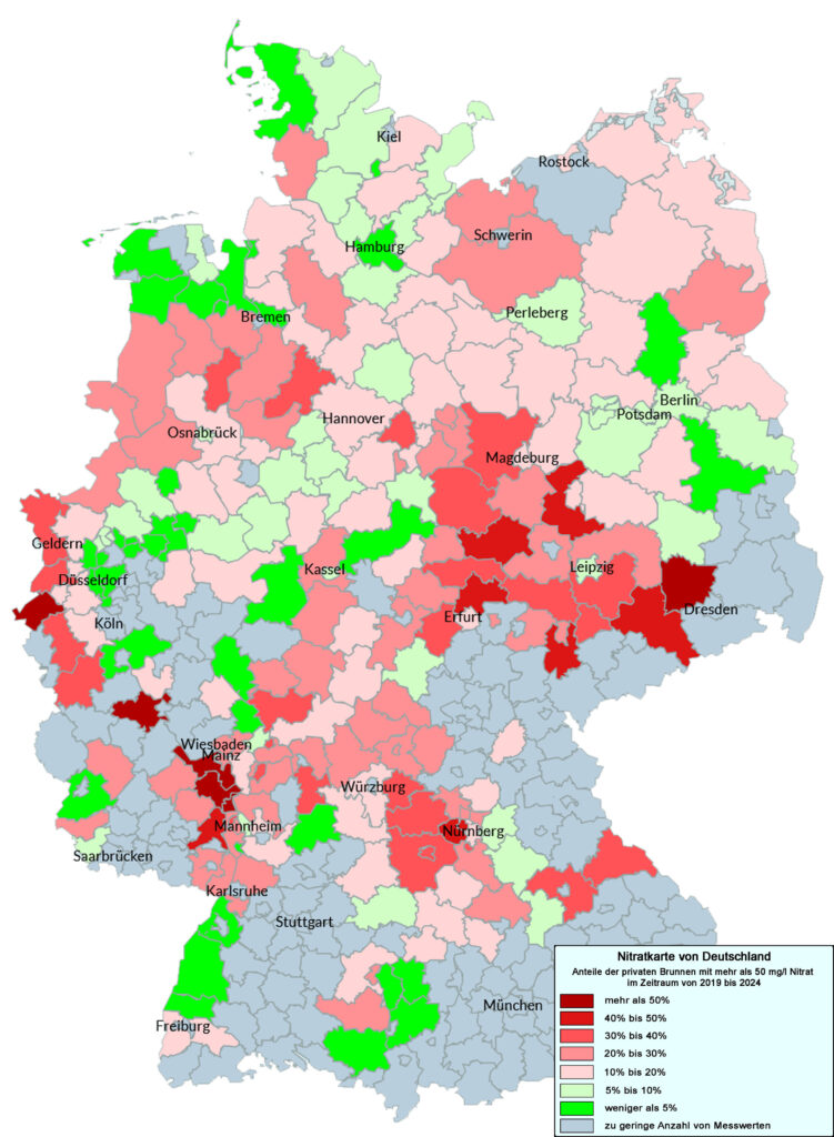 Die Nitratkarte von Deutschland. Die Daten wurden im Rahmen der Untersuchungen des VSR-Gewässerschutz in den Jahren 2019 bis 2024 gewonnen.