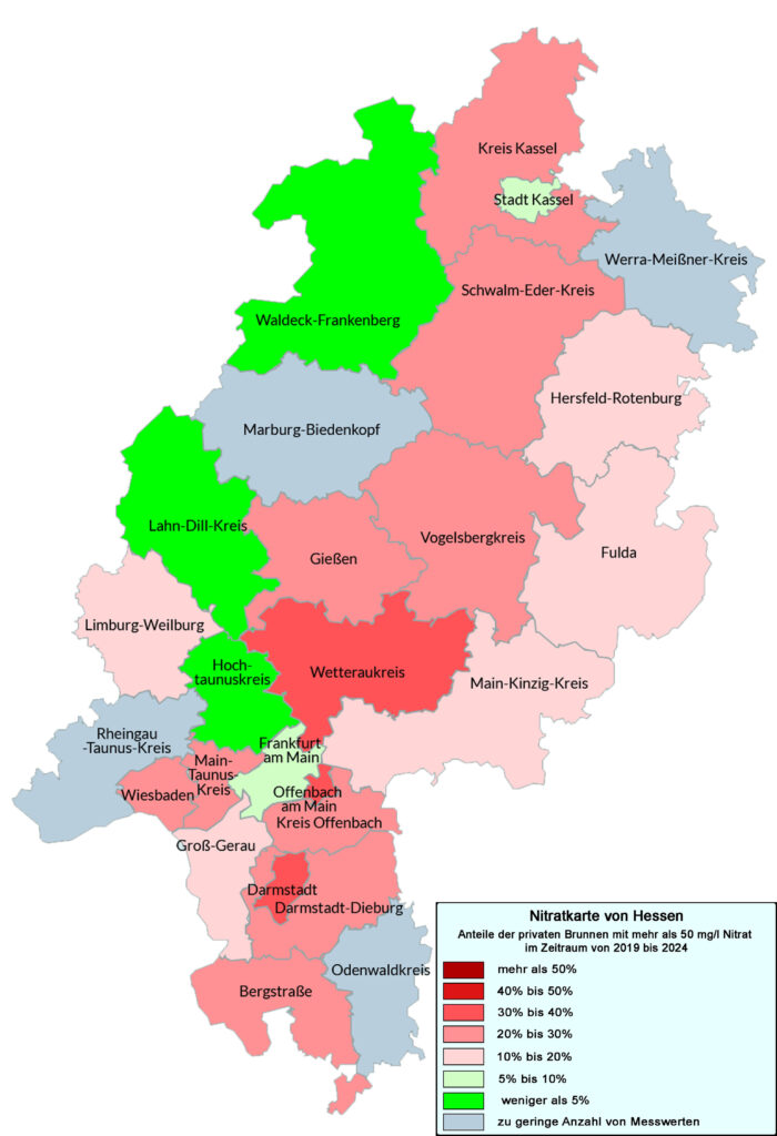 Die Nitratkarte von Deutschland. Die Daten wurden im Rahmen der Untersuchungen des VSR-Gewässerschutz in den Jahren 2019 bis 2024 gewonnen.