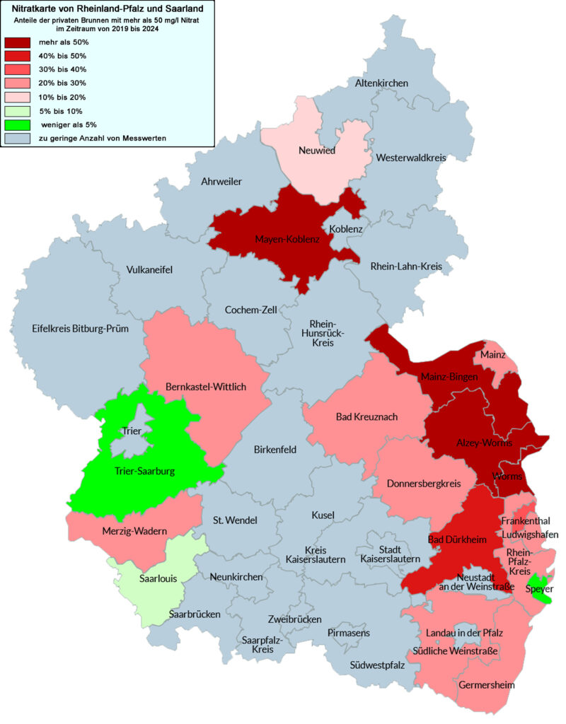 Die Nitratkarte von Deutschland. Die Daten wurden im Rahmen der Untersuchungen des VSR-Gewässerschutz in den Jahren 2019 bis 2024 gewonnen.