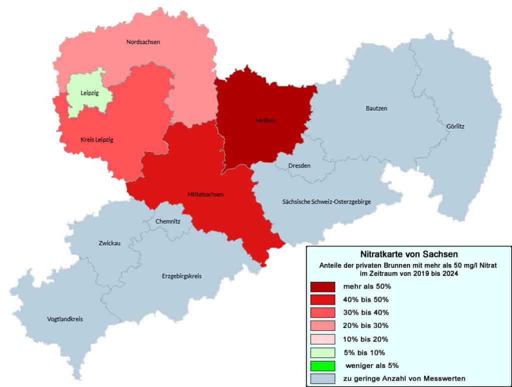 Die Nitratkarte von Deutschland. Die Daten wurden im Rahmen der Untersuchungen des VSR-Gewässerschutz in den Jahren 2019 bis 2024 gewonnen.