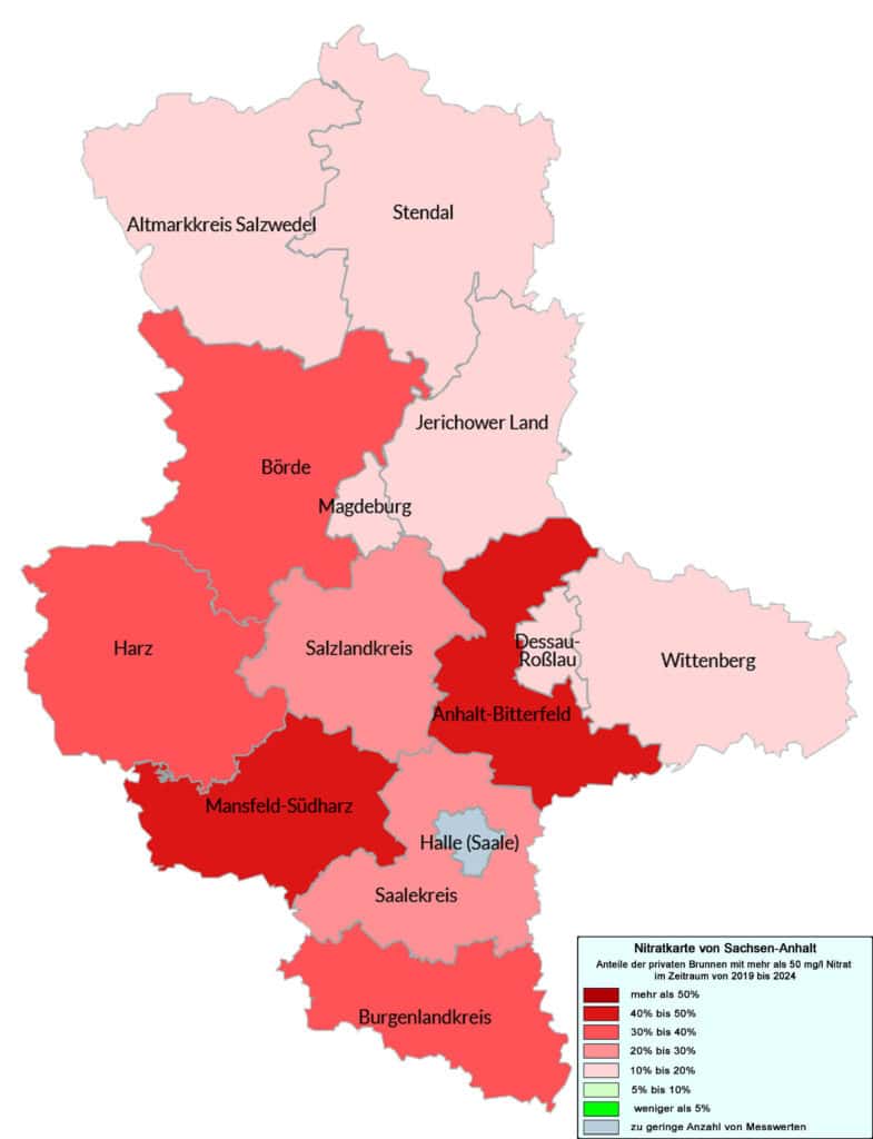 Die Nitratkarte von Deutschland. Die Daten wurden im Rahmen der Untersuchungen des VSR-Gewässerschutz in den Jahren 2019 bis 2024 gewonnen.