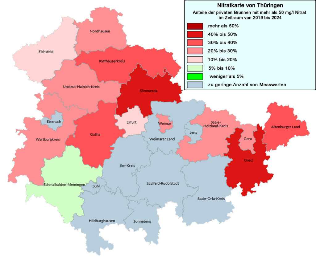 Die Nitratkarte von Deutschland. Die Daten wurden im Rahmen der Untersuchungen des VSR-Gewässerschutz in den Jahren 2019 bis 2024 gewonnen.