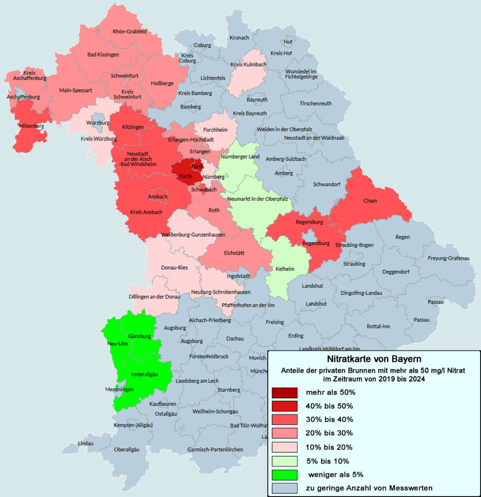 Die Nitratkarte von Bayern. Die Daten wurden im Rahmen der Untersuchungen des VSR-Gewässerschutz in den Jahren 2019 bis 2024 gewonnen.