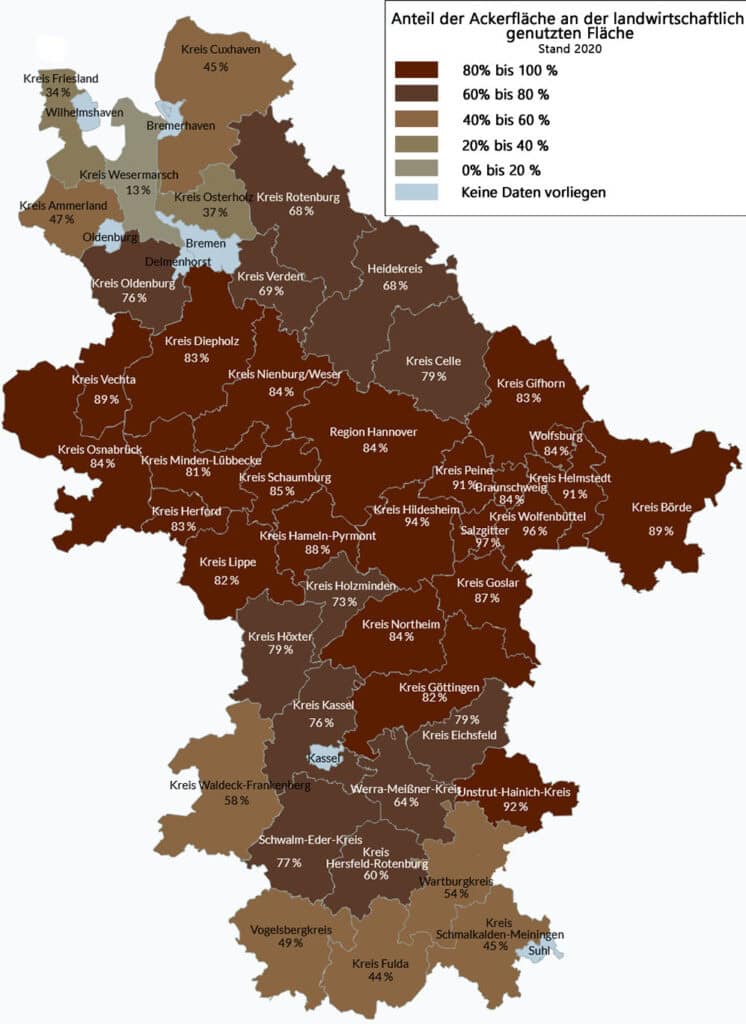 Karte über die Ackerfläche im Wesereinzugsgebiet