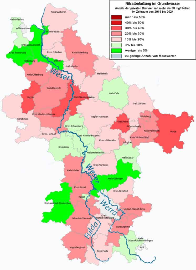 Karte über die Nitratkonzentration im Grundwasser im Wesereinzugsgebiet